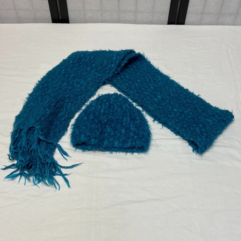 ANA Knit Beanie & Fringed Scarf 2 pc Set Turquoise Nubby Fuzzy Winter Cozy Chic - Picture 6 of 11